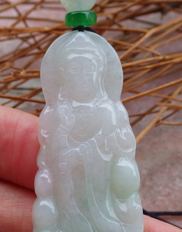 Certified Natural Hand Carved Myanmar Icy Green Burma A Jade jadeite Guanyin Kwan Yin God Pendant Necklace