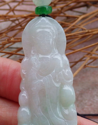 Certified Natural Hand Carved Myanmar Icy Green Burma A Jade jadeite Guanyin Kwan Yin God Pendant Necklace