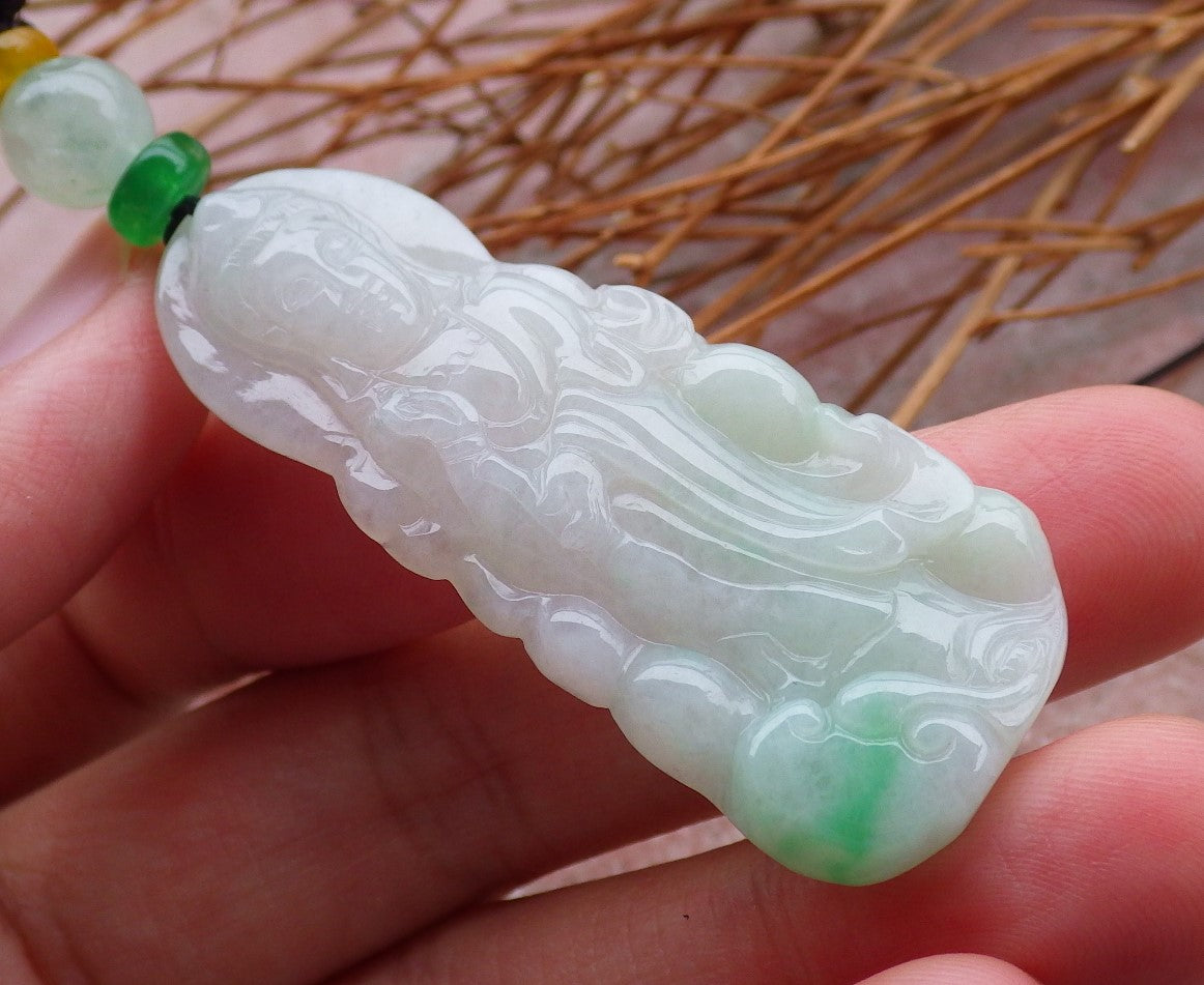 Certified Natural Hand Carved Myanmar Icy Green Burma A Jade jadeite Guanyin Kwan Yin God Pendant Necklace