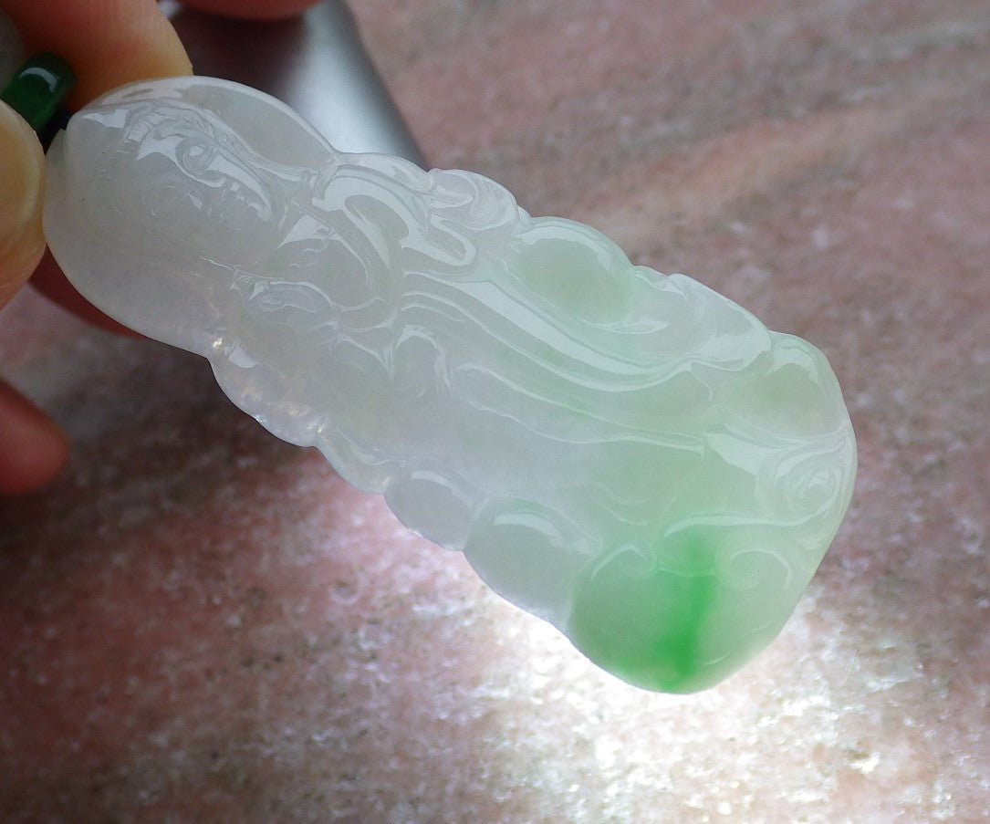 Certified Natural Hand Carved Myanmar Icy Green Burma A Jade jadeite Guanyin Kwan Yin God Pendant Necklace