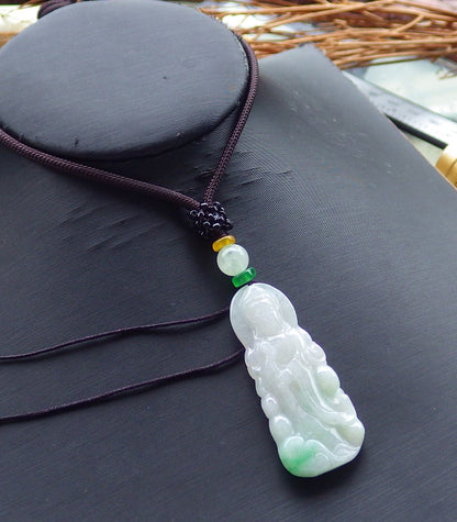 Certified Natural Hand Carved Myanmar Icy Green Burma A Jade jadeite Guanyin Kwan Yin God Pendant Necklace