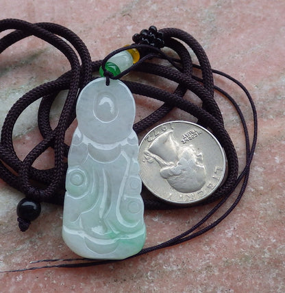 Certified Natural Hand Carved Myanmar Icy Green Burma A Jade jadeite Guanyin Kwan Yin God Pendant Necklace