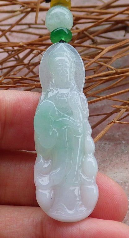 Certified Natural Hand Carved Myanmar Icy Green Burma A Jade jadeite Guanyin Kwan Yin God Pendant Necklace