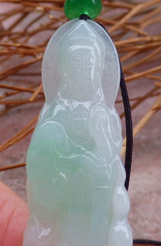 Certified Natural Hand Carved Myanmar Icy Green Burma A Jade jadeite Guanyin Kwan Yin God Pendant Necklace