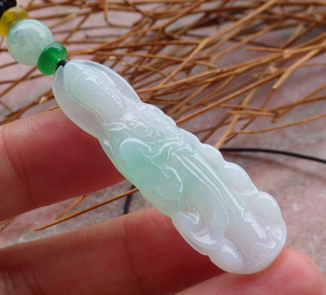 Certified Natural Hand Carved Myanmar Icy Green Burma A Jade jadeite Guanyin Kwan Yin God Pendant Necklace