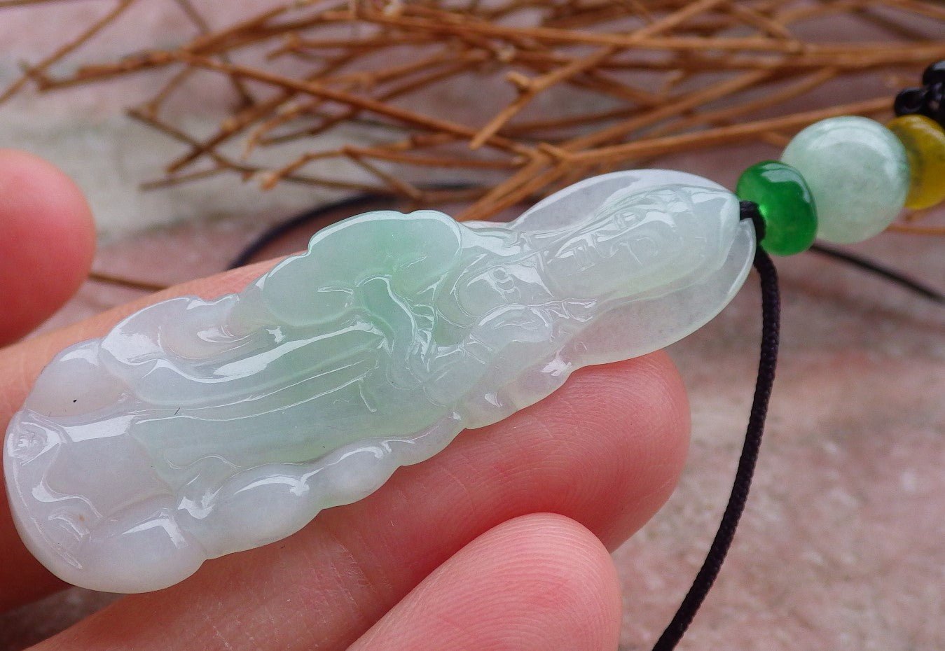 Certified Natural Hand Carved Myanmar Icy Green Burma A Jade jadeite Guanyin Kwan Yin God Pendant Necklace