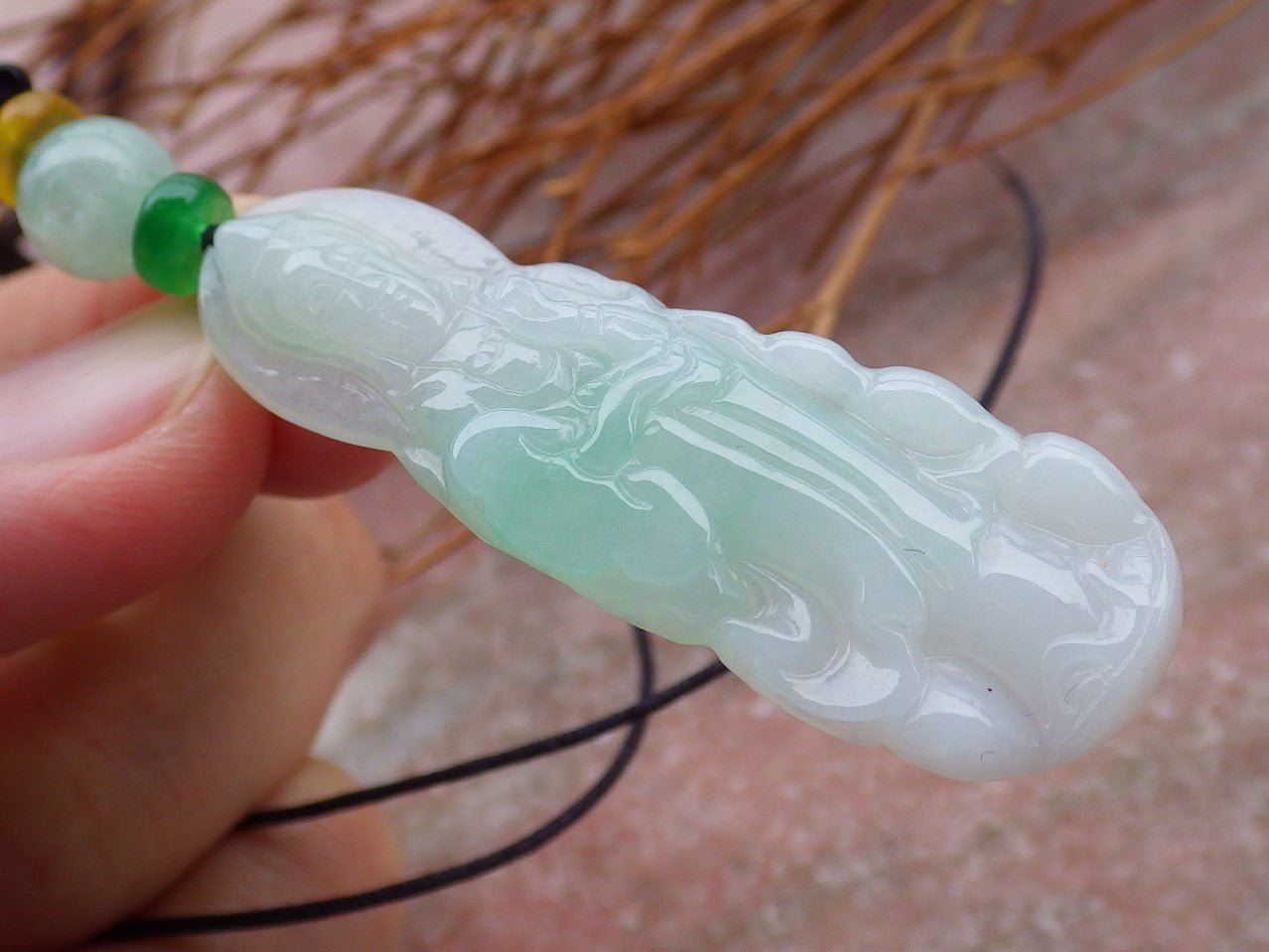 Certified Natural Hand Carved Myanmar Icy Green Burma A Jade jadeite Guanyin Kwan Yin God Pendant Necklace