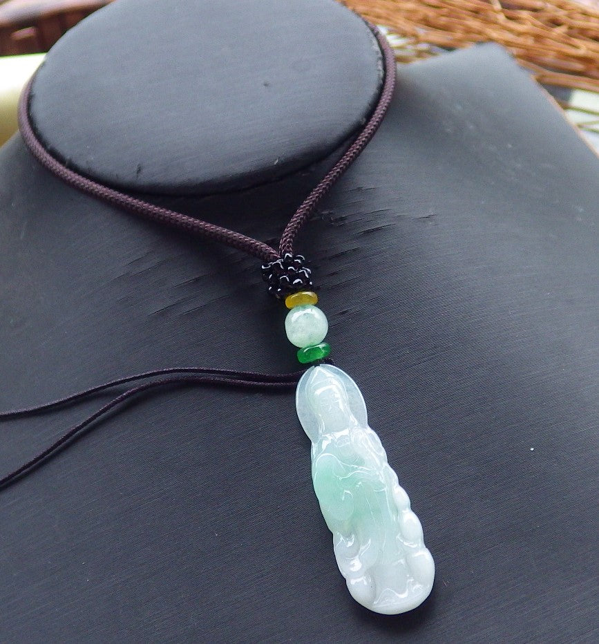 Certified Natural Hand Carved Myanmar Icy Green Burma A Jade jadeite Guanyin Kwan Yin God Pendant Necklace