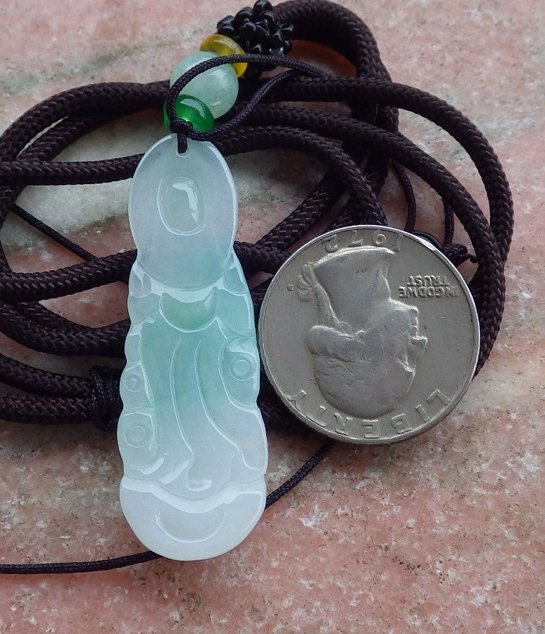 Certified Natural Hand Carved Myanmar Icy Green Burma A Jade jadeite Guanyin Kwan Yin God Pendant Necklace