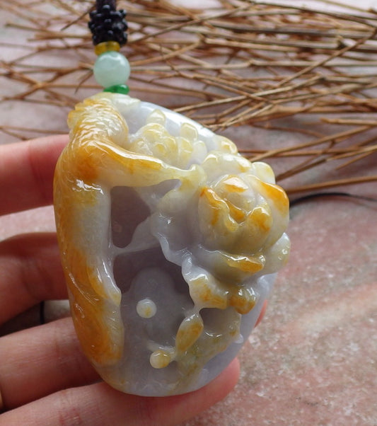 Certified Hand Carved Yellow Natural Myanmar Burma Grade A Jade jadeite Phoenix Bird Flower Pendant Necklace