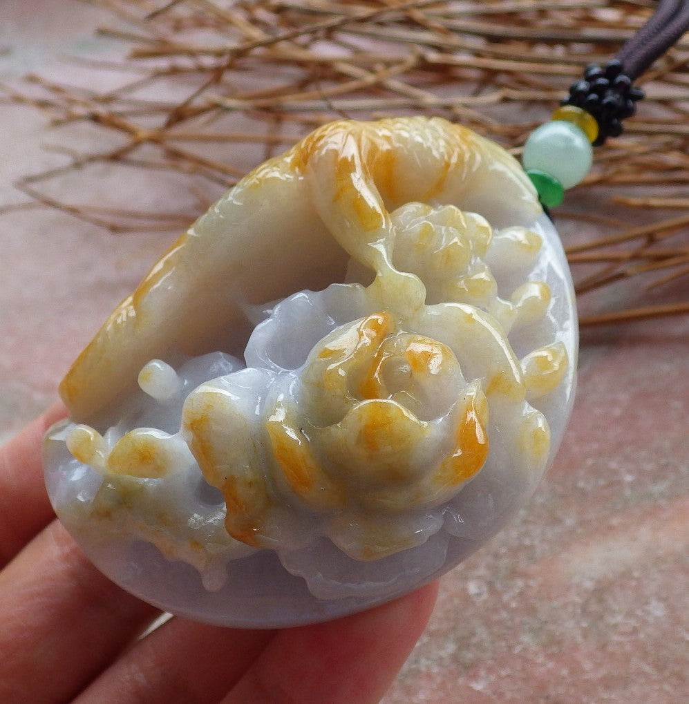 Certified Hand Carved Yellow Natural Myanmar Burma Grade A Jade jadeite Phoenix Bird Flower Pendant Necklace