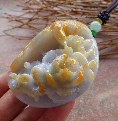 Certified Hand Carved Yellow Natural Myanmar Burma Grade A Jade jadeite Phoenix Bird Flower Pendant Necklace