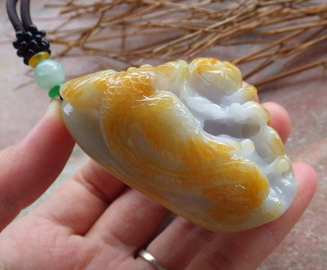 Certified Hand Carved Yellow Natural Myanmar Burma Grade A Jade jadeite Phoenix Bird Flower Pendant Necklace