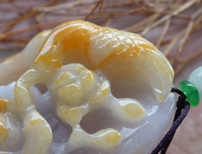 Certified Hand Carved Yellow Natural Myanmar Burma Grade A Jade jadeite Phoenix Bird Flower Pendant Necklace