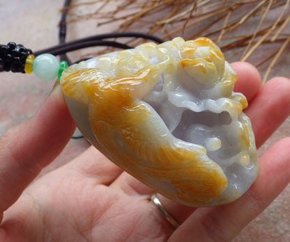 Certified Hand Carved Yellow Natural Myanmar Burma Grade A Jade jadeite Phoenix Bird Flower Pendant Necklace