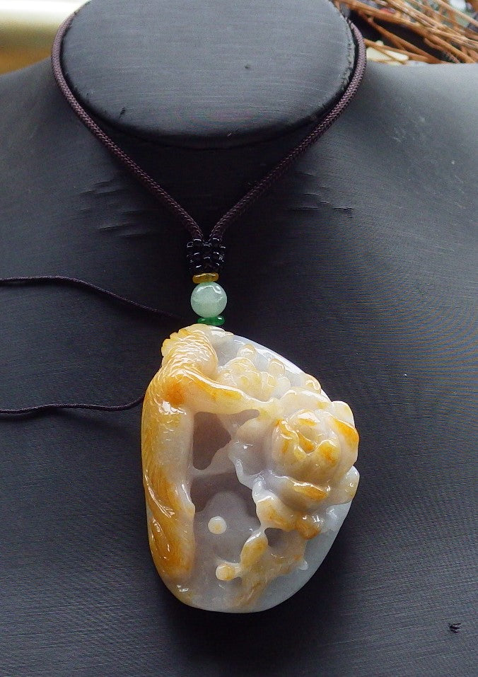 Certified Hand Carved Yellow Natural Myanmar Burma Grade A Jade jadeite Phoenix Bird Flower Pendant Necklace