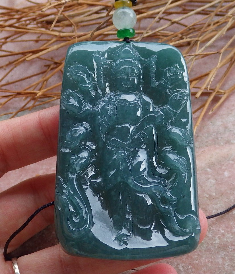 Certified Natural Hand Carved Myanmar Burma Green A Jade jadeite 1000 Hand Guanyin Kwan Yin God Pendant Necklace