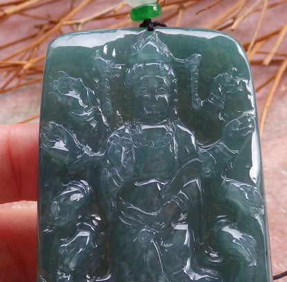 Certified Natural Hand Carved Myanmar Burma Green A Jade jadeite 1000 Hand Guanyin Kwan Yin God Pendant Necklace