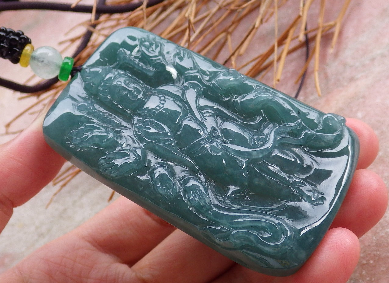 Certified Natural Hand Carved Myanmar Burma Green A Jade jadeite 1000 Hand Guanyin Kwan Yin God Pendant Necklace