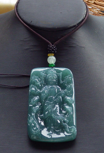 Certified Natural Hand Carved Myanmar Burma Green A Jade jadeite 1000 Hand Guanyin Kwan Yin God Pendant Necklace