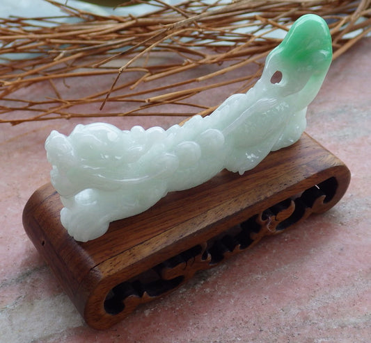 Certified Green 100% Hand Carved Natural Myanmar Burma A Jade Jadeite Display Dragon Ruyi with wood stand
