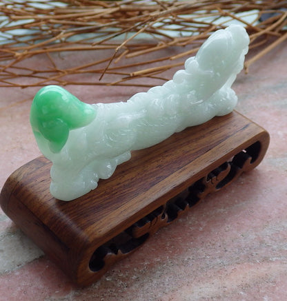 Certified Green 100% Hand Carved Natural Myanmar Burma A Jade Jadeite Display Dragon Ruyi with wood stand