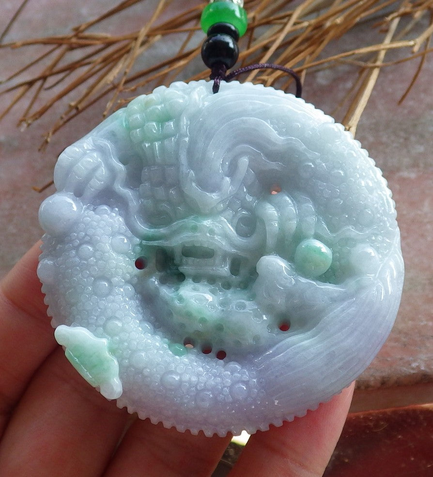 Certified Hand Carved Green Lavender Natural Myanmar Burma A Jade jadeite Dragon Lotus Ruyi Pendant Necklace