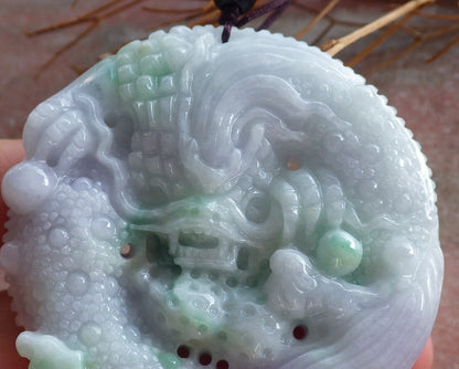 Certified Hand Carved Green Lavender Natural Myanmar Burma A Jade jadeite Dragon Lotus Ruyi Pendant Necklace