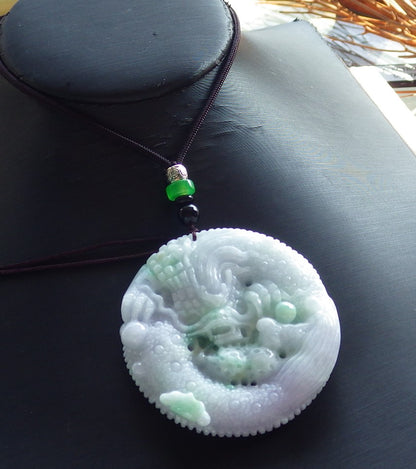 Certified Hand Carved Green Lavender Natural Myanmar Burma A Jade jadeite Dragon Lotus Ruyi Pendant Necklace