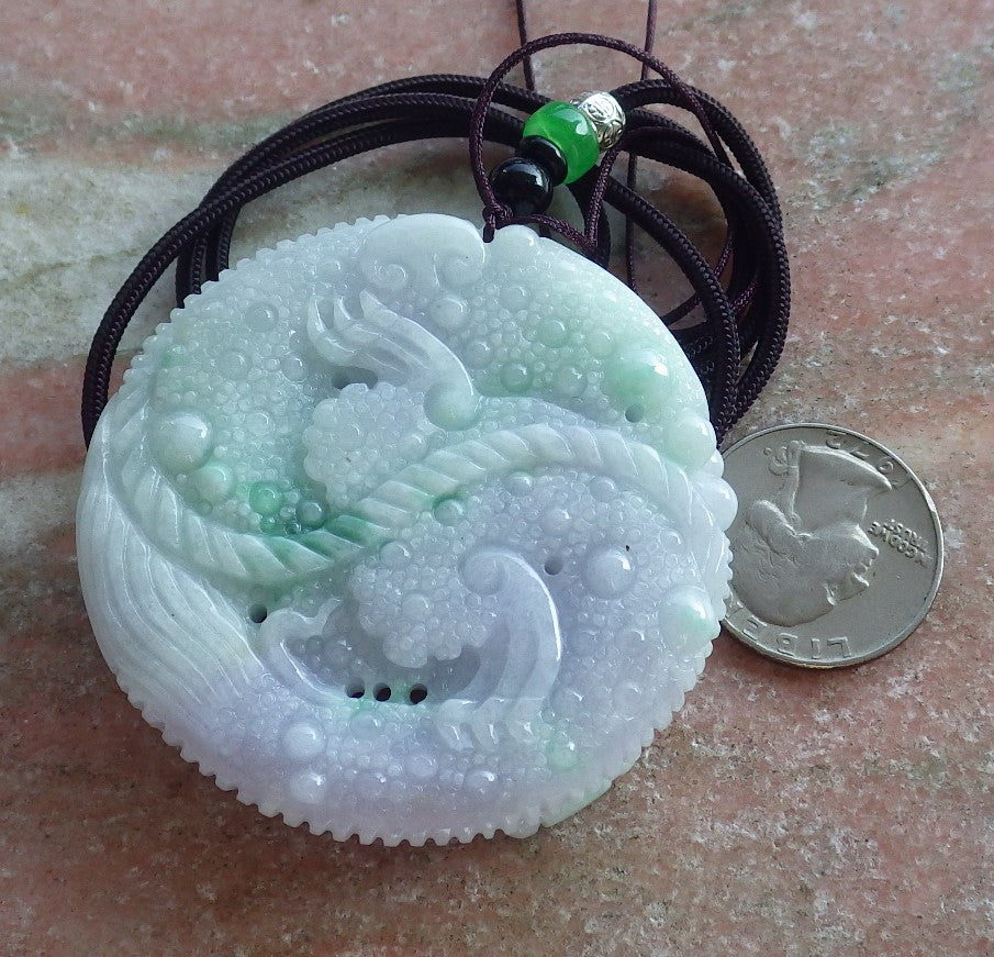 Certified Hand Carved Green Lavender Natural Myanmar Burma A Jade jadeite Dragon Lotus Ruyi Pendant Necklace