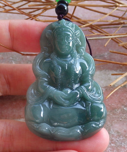 Certified Natural Hand Carved Myanmar Burma Green A Jade jadeite Guanyin Kwan Yin God Pendant Necklace