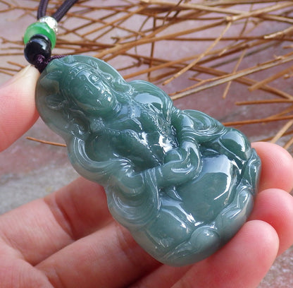 Certified Natural Hand Carved Myanmar Burma Green A Jade jadeite Guanyin Kwan Yin God Pendant Necklace