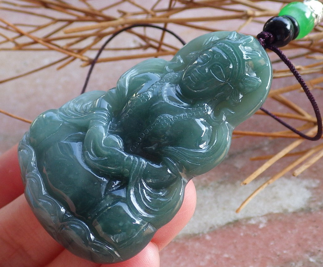 Certified Natural Hand Carved Myanmar Burma Green A Jade jadeite Guanyin Kwan Yin God Pendant Necklace