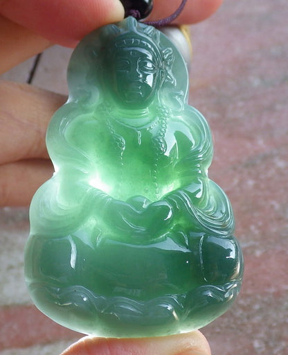 Certified Natural Hand Carved Myanmar Burma Green A Jade jadeite Guanyin Kwan Yin God Pendant Necklace