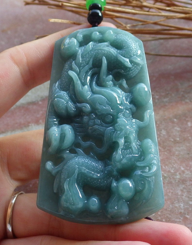 Certified Hand Carved Green Natural Myanmar Burma A Jade jadeite Dragon Bead Ruyi Pendant Necklace