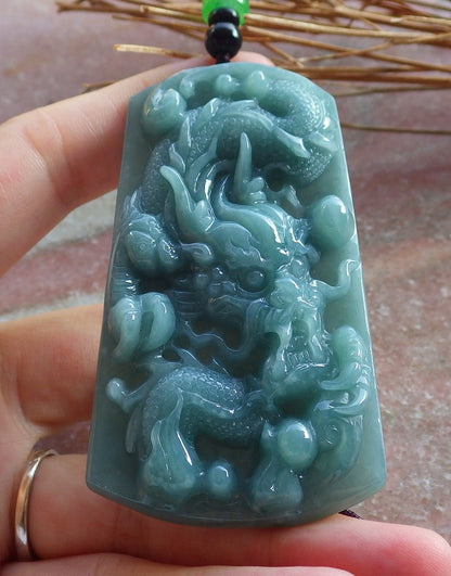 Certified Hand Carved Green Natural Myanmar Burma A Jade jadeite Dragon Bead Ruyi Pendant Necklace