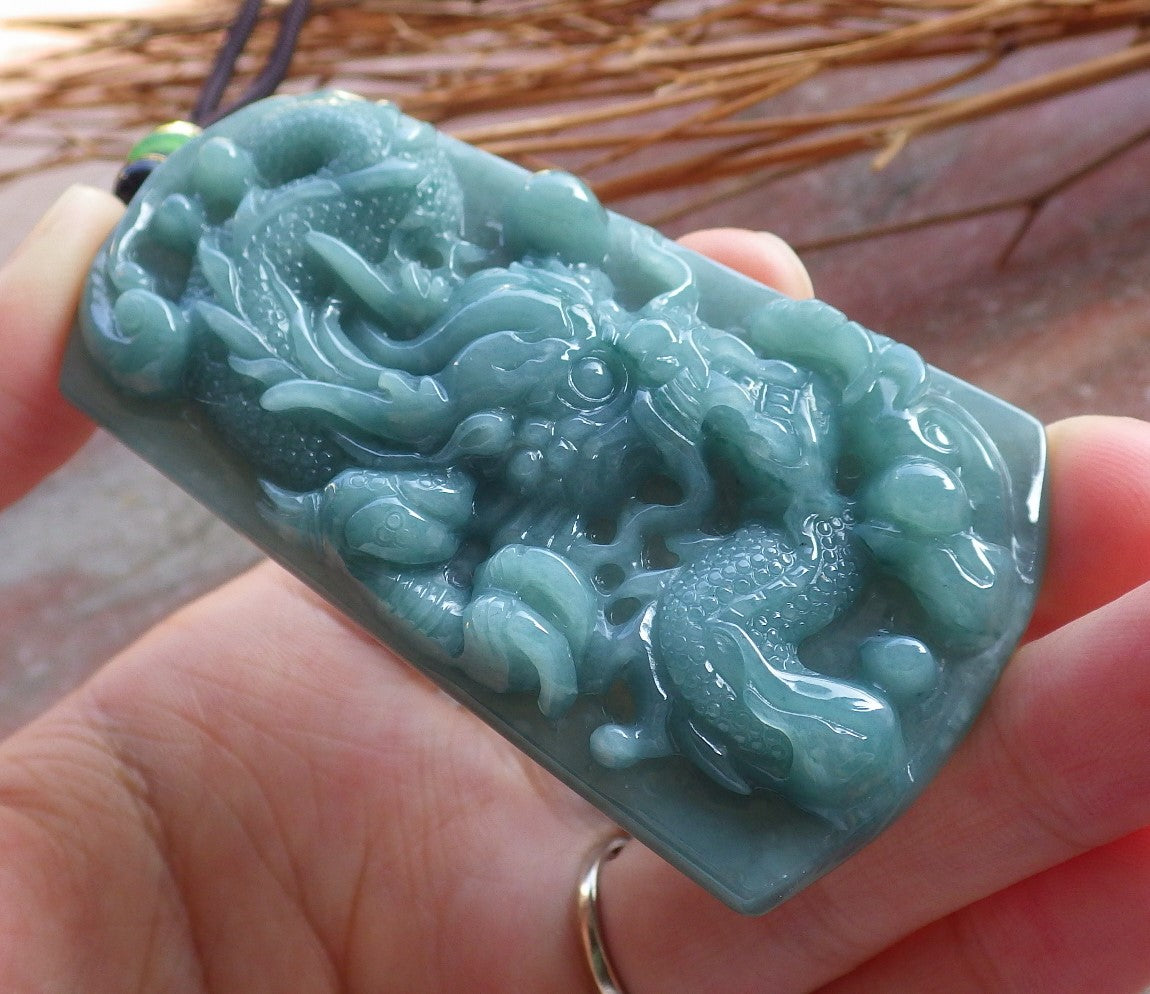 Certified Hand Carved Green Natural Myanmar Burma A Jade jadeite Dragon Bead Ruyi Pendant Necklace