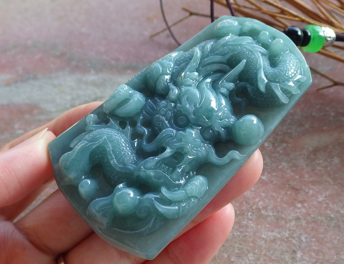 Certified Hand Carved Green Natural Myanmar Burma A Jade jadeite Dragon Bead Ruyi Pendant Necklace