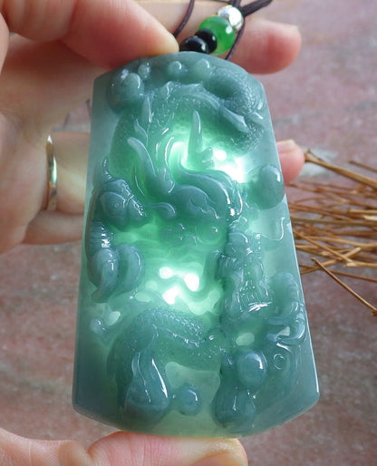 Certified Hand Carved Green Natural Myanmar Burma A Jade jadeite Dragon Bead Ruyi Pendant Necklace