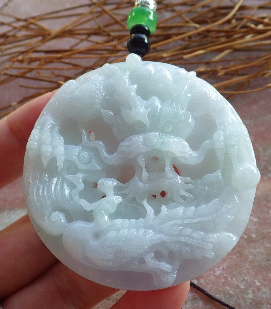 Certified Hand Carved Green Lavender Natural Myanmar Burma A Jade jadeite Dragon Phoenix Lotus Ruyi Pendant Necklace