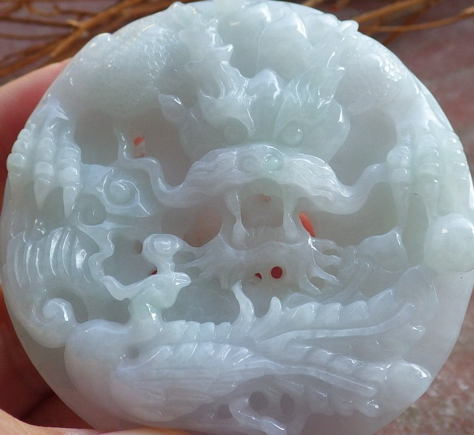 Certified Hand Carved Green Lavender Natural Myanmar Burma A Jade jadeite Dragon Phoenix Lotus Ruyi Pendant Necklace