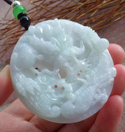 Certified Hand Carved Green Lavender Natural Myanmar Burma A Jade jadeite Dragon Phoenix Lotus Ruyi Pendant Necklace