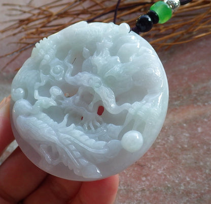 Certified Hand Carved Green Lavender Natural Myanmar Burma A Jade jadeite Dragon Phoenix Lotus Ruyi Pendant Necklace