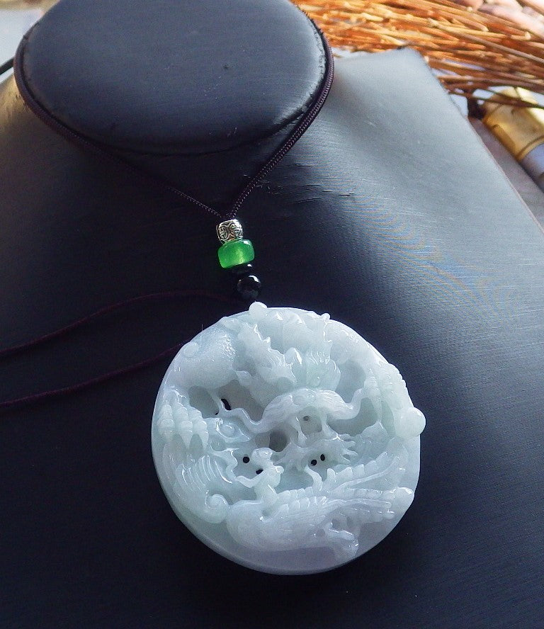 Certified Hand Carved Green Lavender Natural Myanmar Burma A Jade jadeite Dragon Phoenix Lotus Ruyi Pendant Necklace