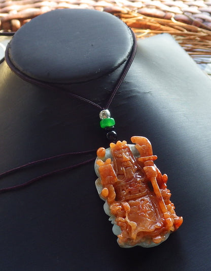 Certified Hand Carved Green Red 100% Natural Myanmar Burma A Jade jadeite Fight God Guan Gong God Guangyu Broadword Pendant Necklace