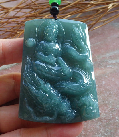 Certified Hand Carved Green 100% Natural Myanmar Burma A Jade Jadeite Guanyin Kwan yin Dragon Pendant Necklace