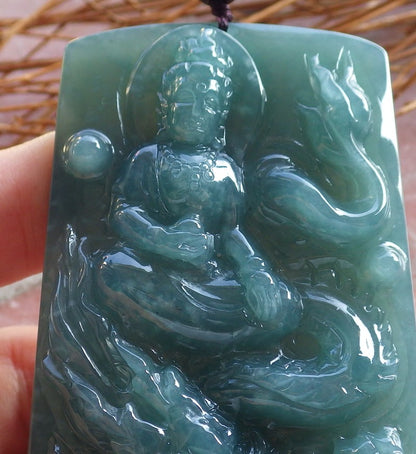 Certified Hand Carved Green 100% Natural Myanmar Burma A Jade Jadeite Guanyin Kwan yin Dragon Pendant Necklace