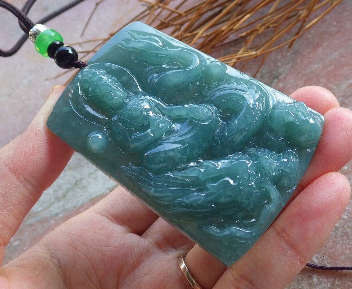 Certified Hand Carved Green 100% Natural Myanmar Burma A Jade Jadeite Guanyin Kwan yin Dragon Pendant Necklace