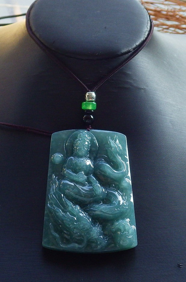 Certified Hand Carved Green 100% Natural Myanmar Burma A Jade Jadeite Guanyin Kwan yin Dragon Pendant Necklace