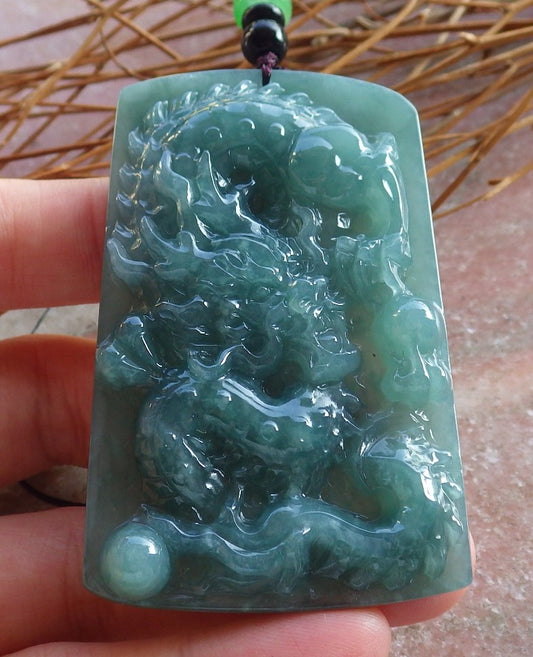 Certified Hand Carved Icy Green Natural Myanmar Burma A Jade jadeite Dragon Bead Ruyi Pendant Necklace